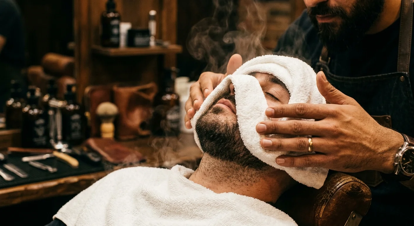 Steaming hot towel applied as the final step of a haircut