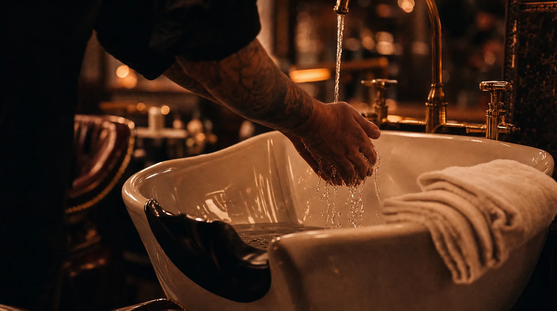 A barber testing the water at the wash basin with a folded towel resting on the edge