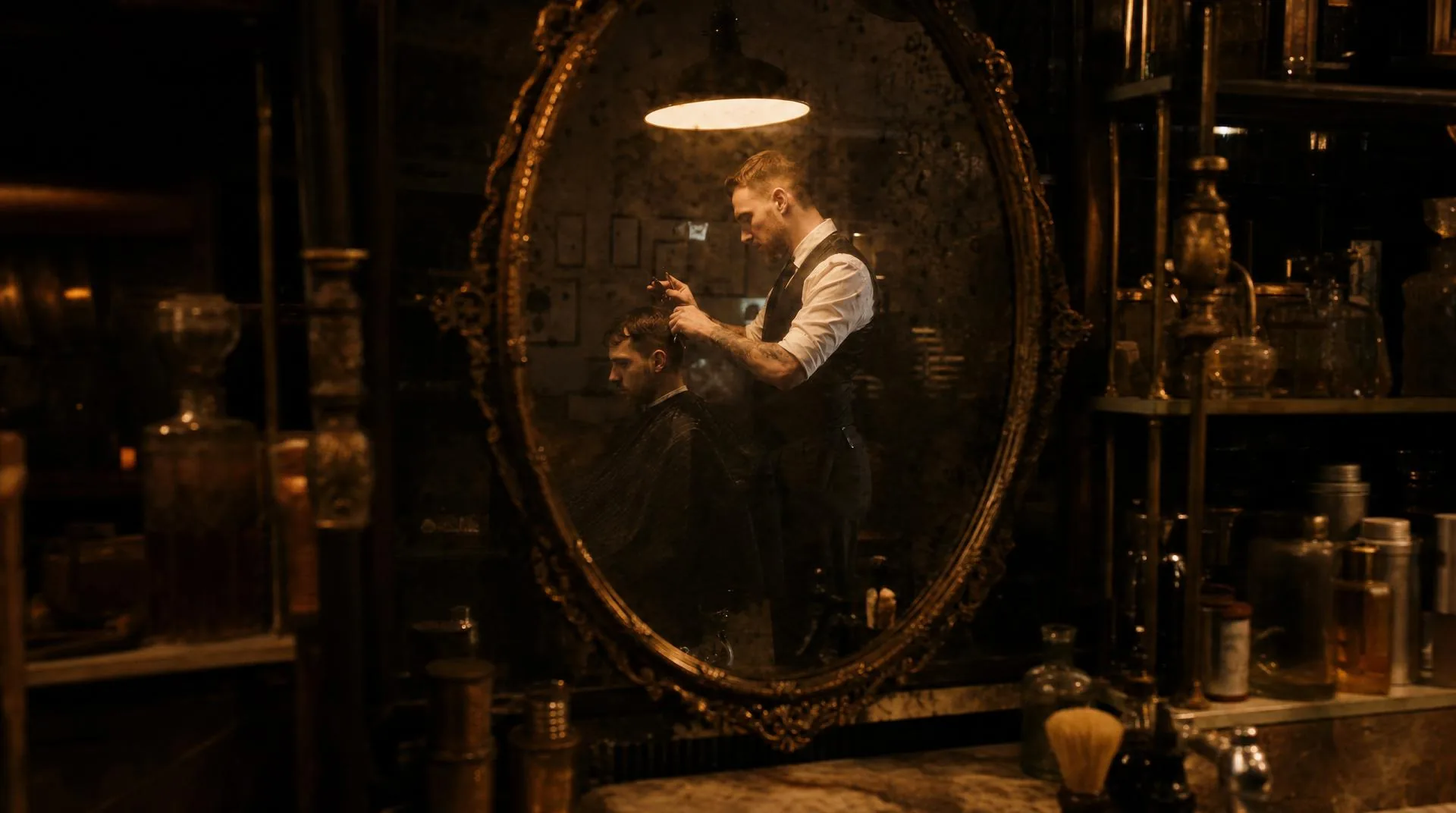 A barber at work on a seated client, seen in the reflection of an ornate barbershop mirror